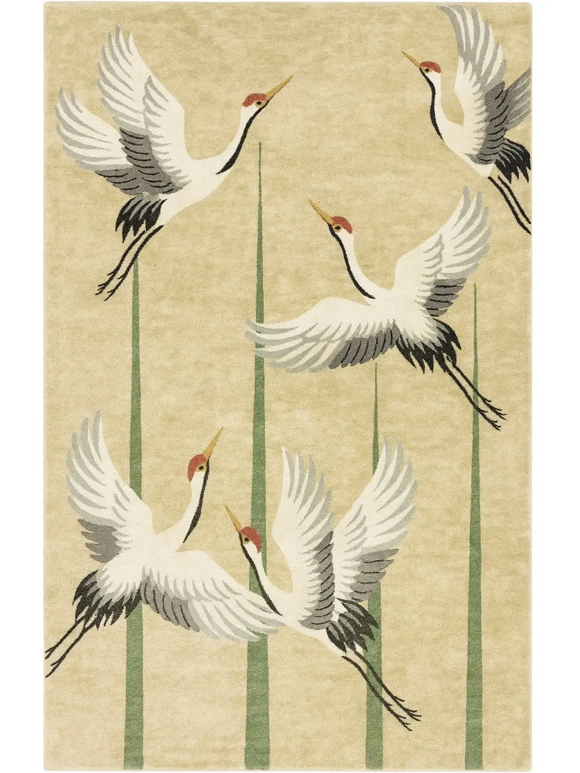 beige hand tufted wool rug with crane bird design