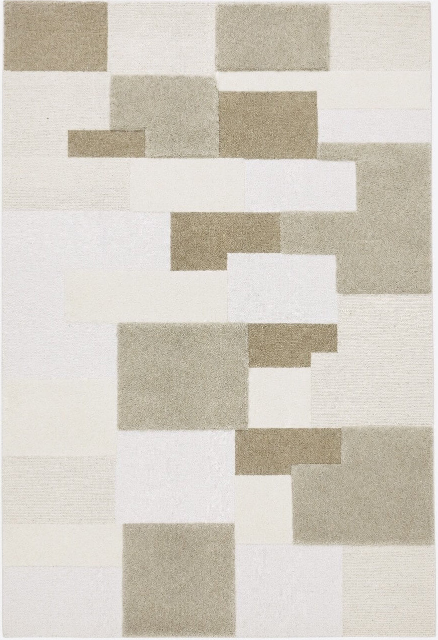 Geometric patterned hand tufted wool rug with squares in beige and brown