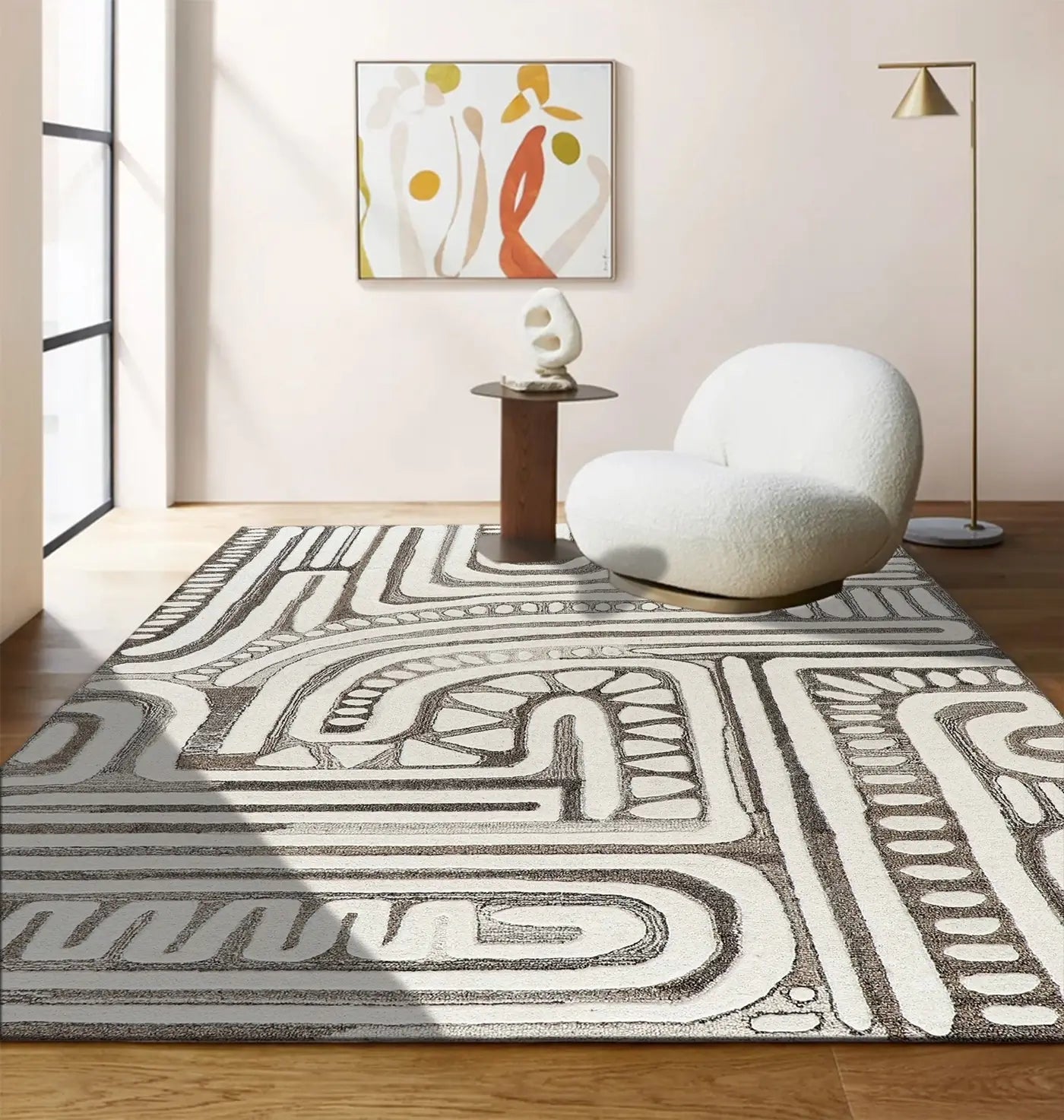 abstract design area rug in modern room