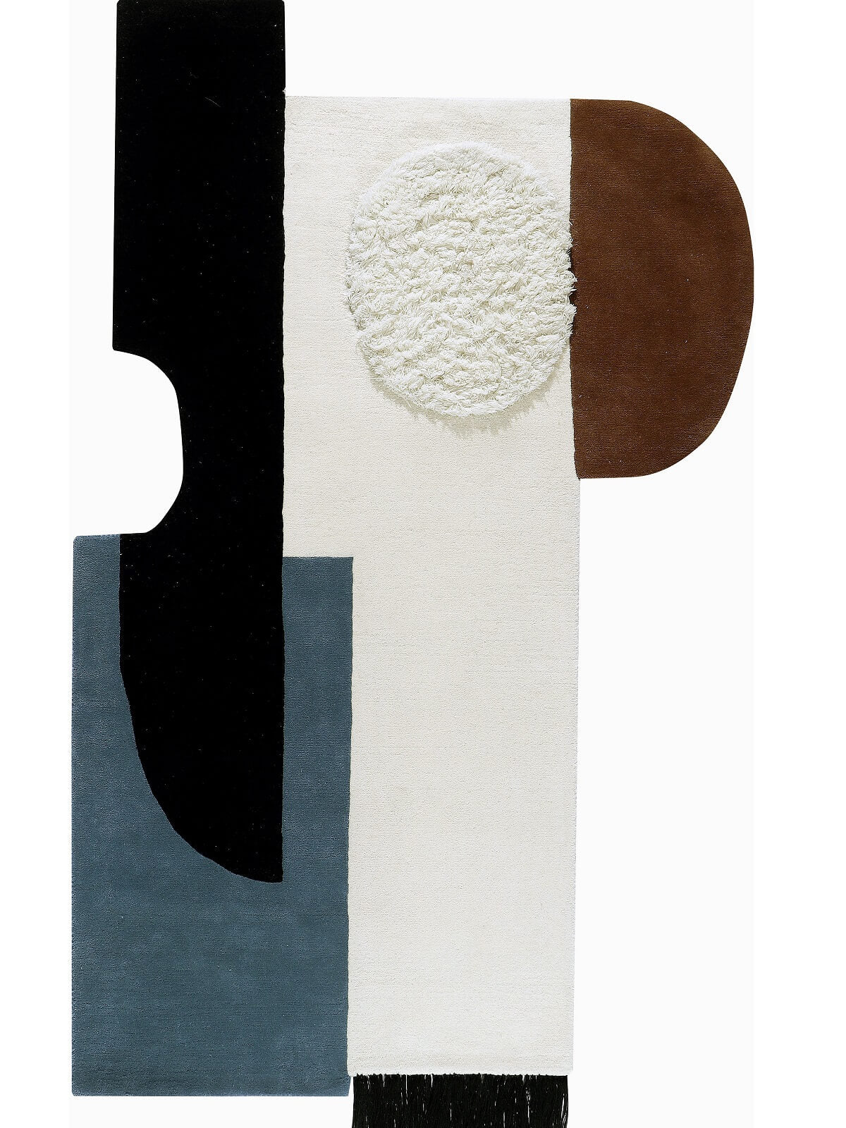 modern tufted wool rug with geometric shapes in black, white, brown, and blue