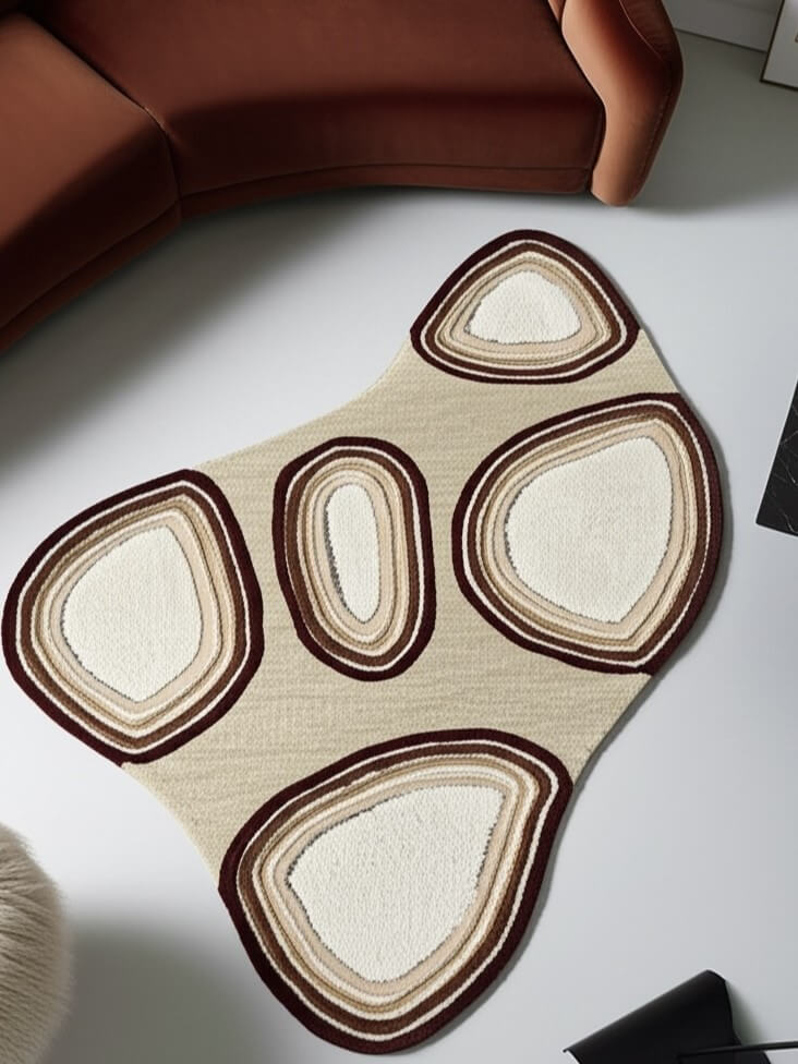 unique shaped beige and brown area rug