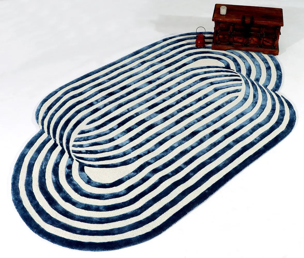 Blue and white striped rug, living area