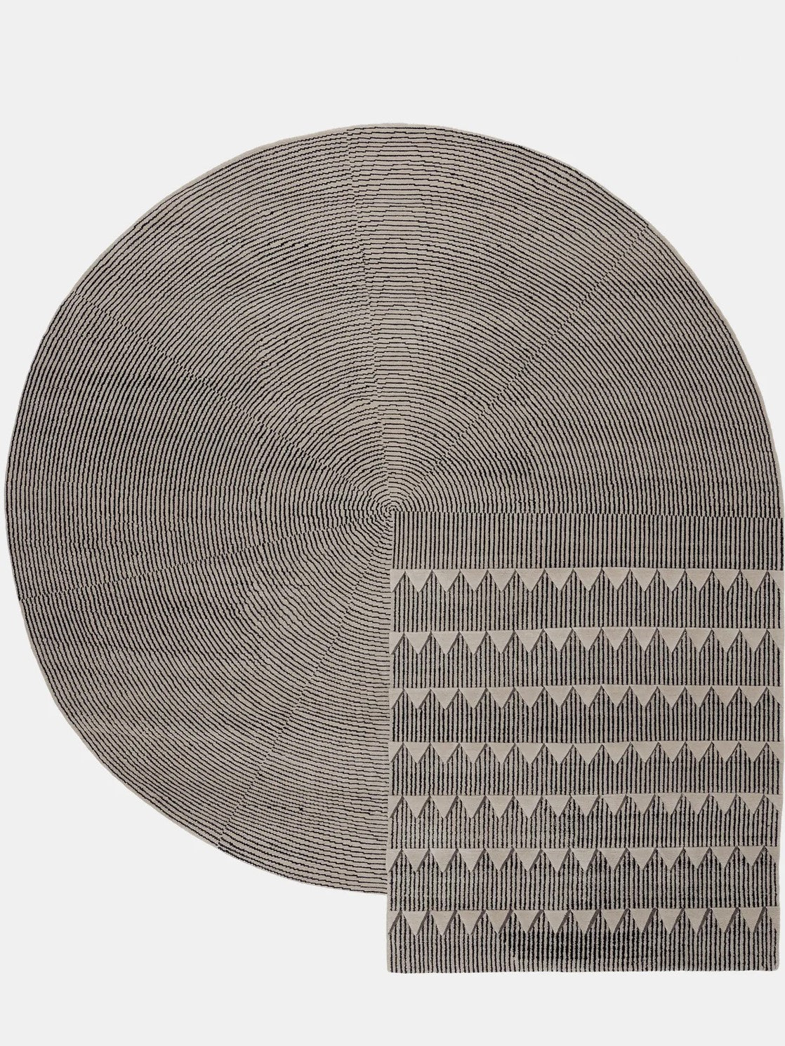 tufted gray round rug with geometric pattern