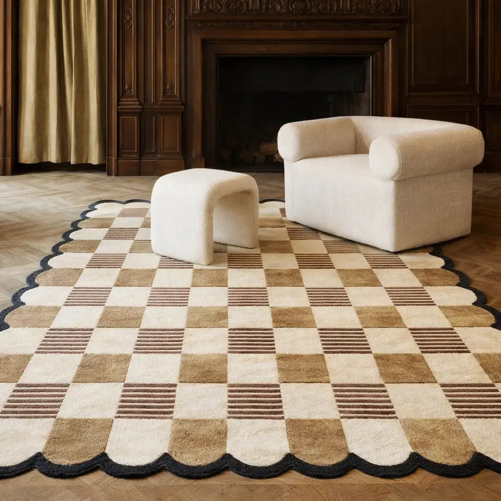 Checkered rug with beige and brown squares