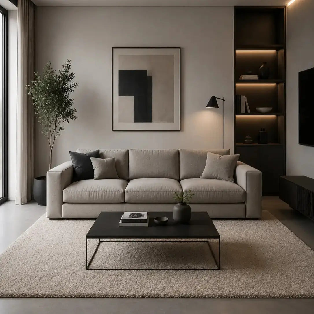 Modern living room with a gray sofa, coffee table, and decorative elements.