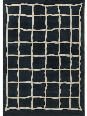 hand tufted black rug with beige grid pattern made with wool and viscose