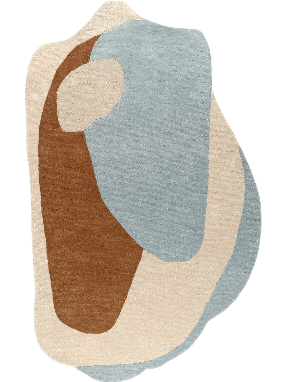 Abstract wool area rug with brown, blue, and beige shapes