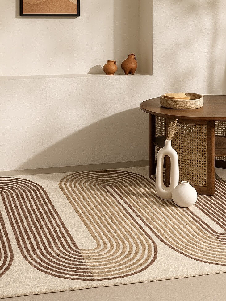 hand tufted rug with wavy pattern in living room