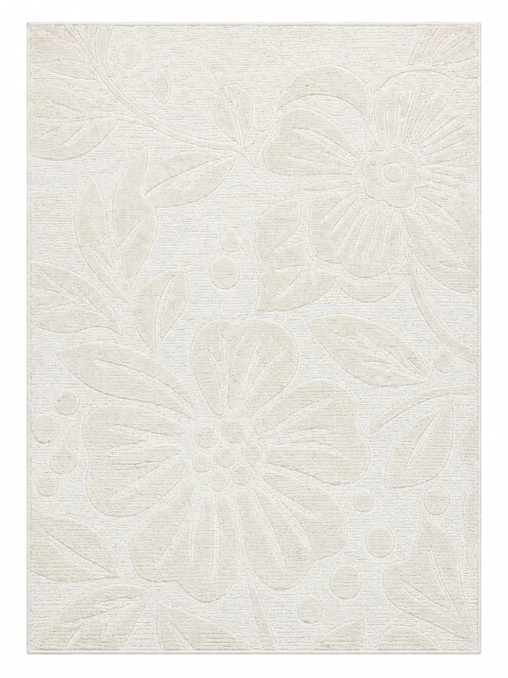 Textured hand tufted white rug with a subtle floral pattern