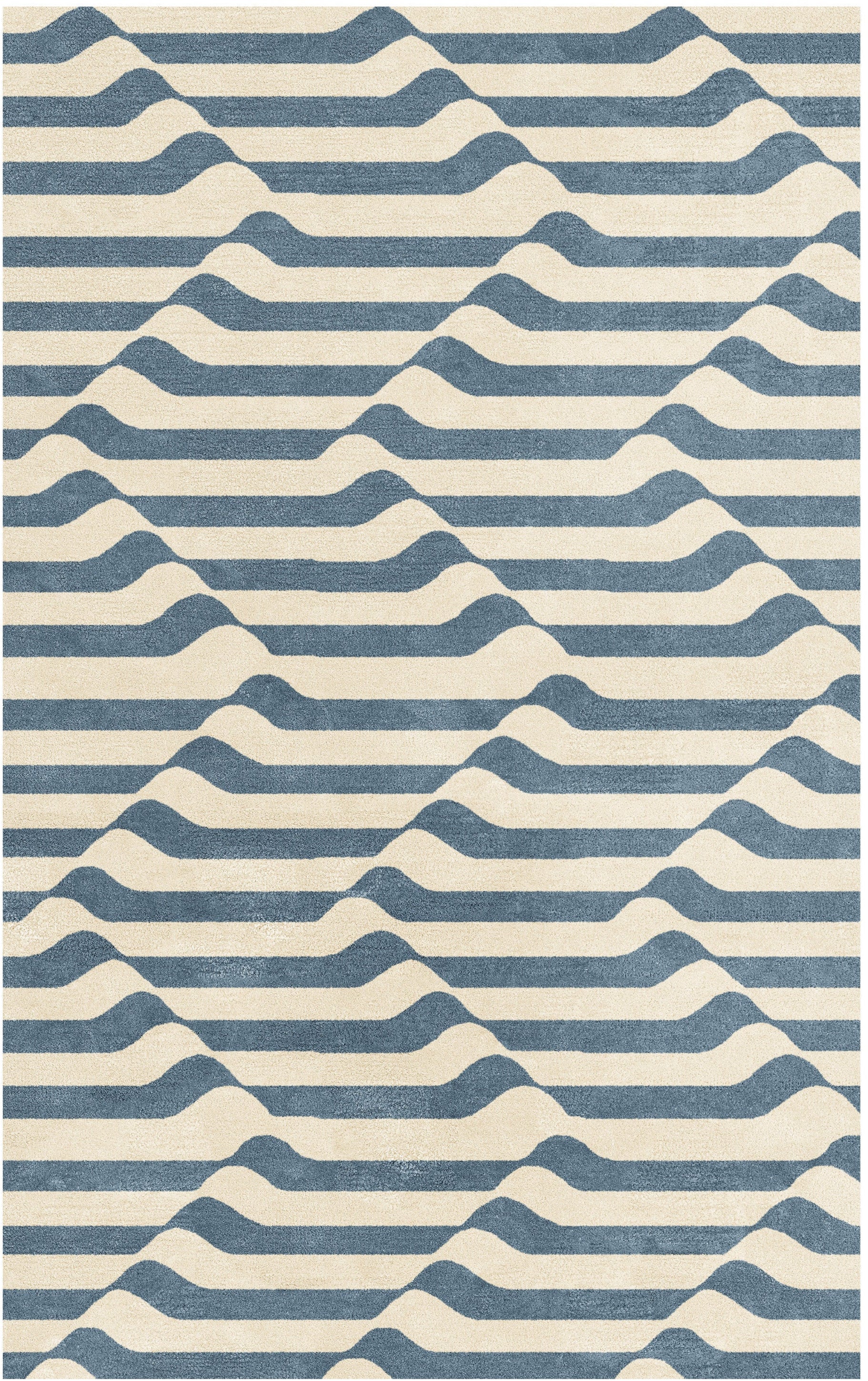 hand tufted wool rug with blue and beige wavy illusion pattern