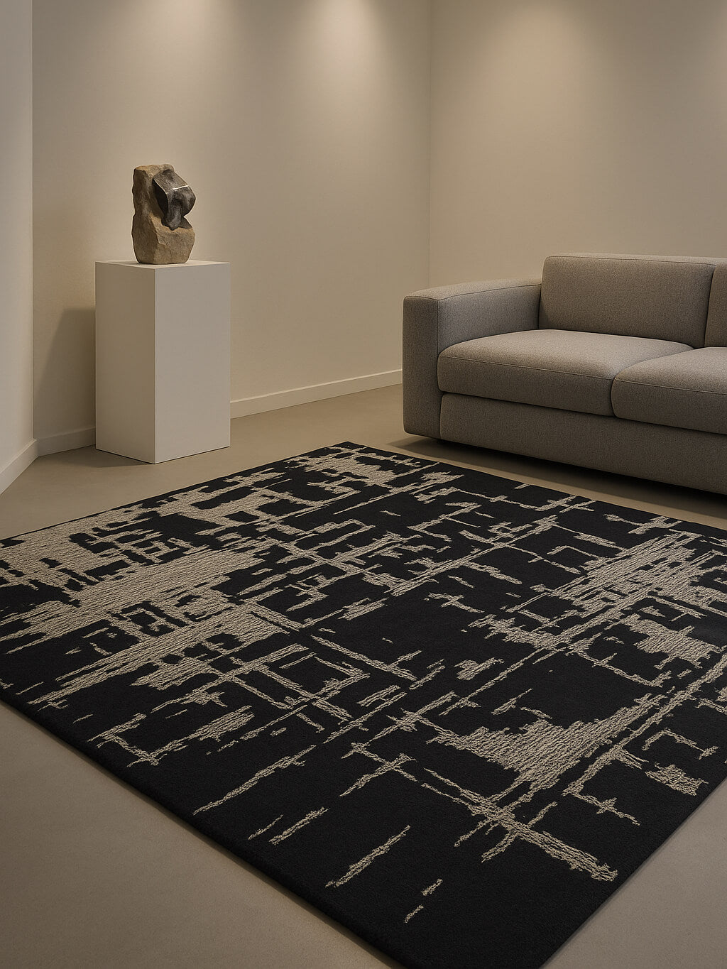 hand tufted hi low pile wool rug in a modern living room