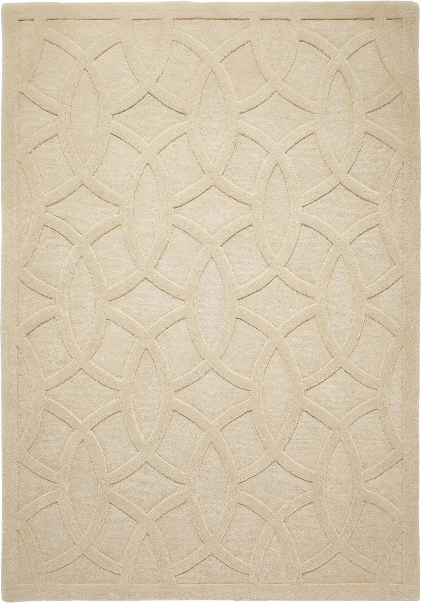 Beige tufted area rug with a circular geometric pattern