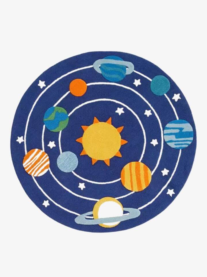 hand tufted kids room rug with solar system design in blue