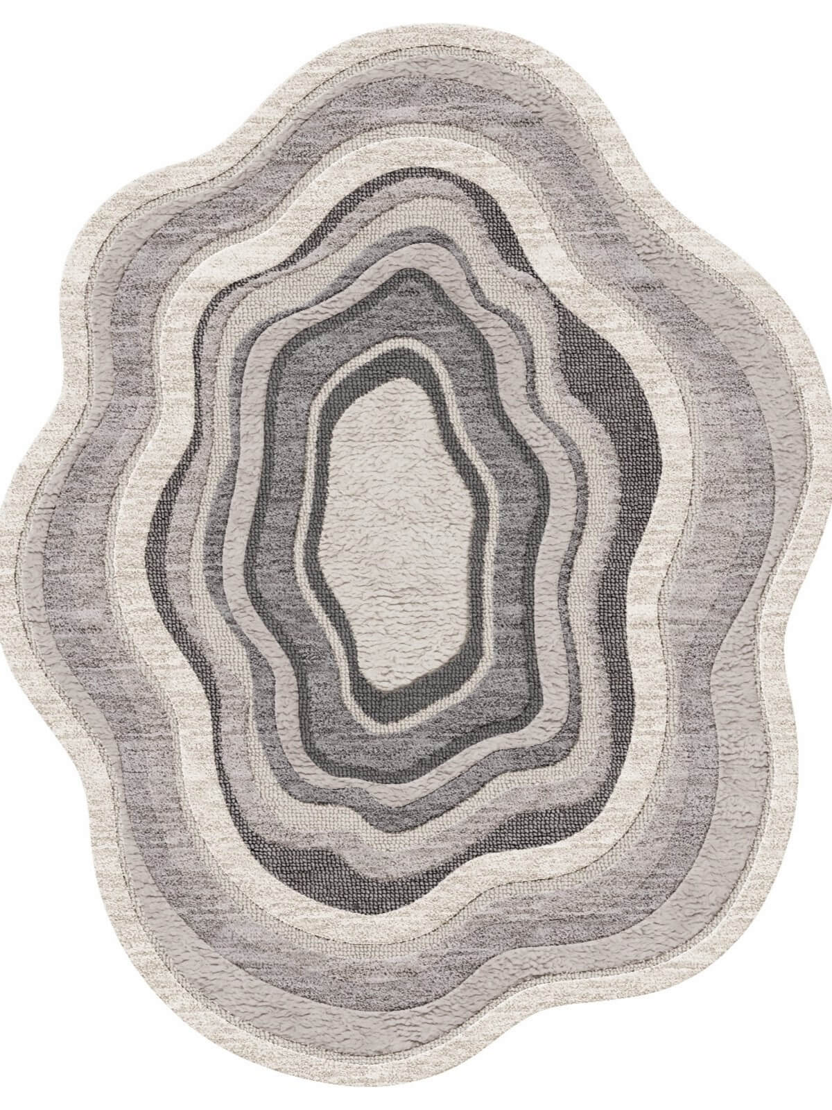 hand tufted shaped wool rug with concentric circle pattern in gray and beige
