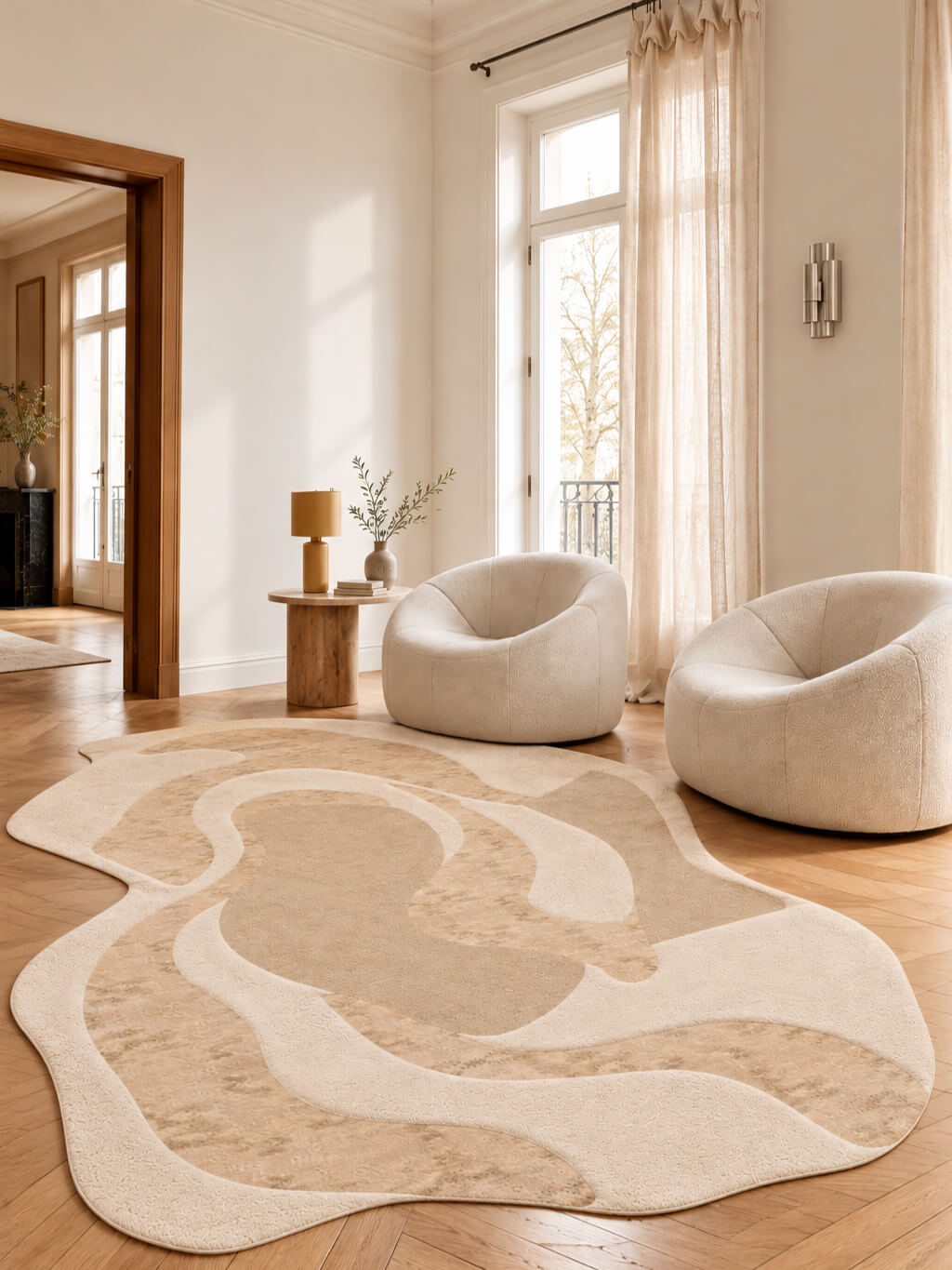 sundane shaped area rug in living room