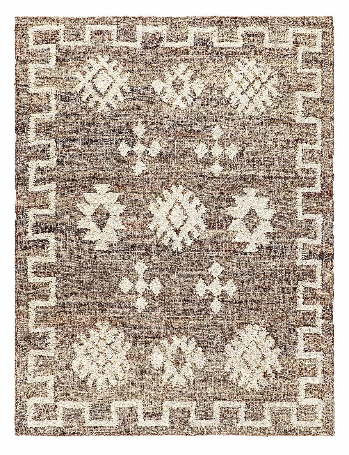 A rectangular woven jute rug with a natural brown textured