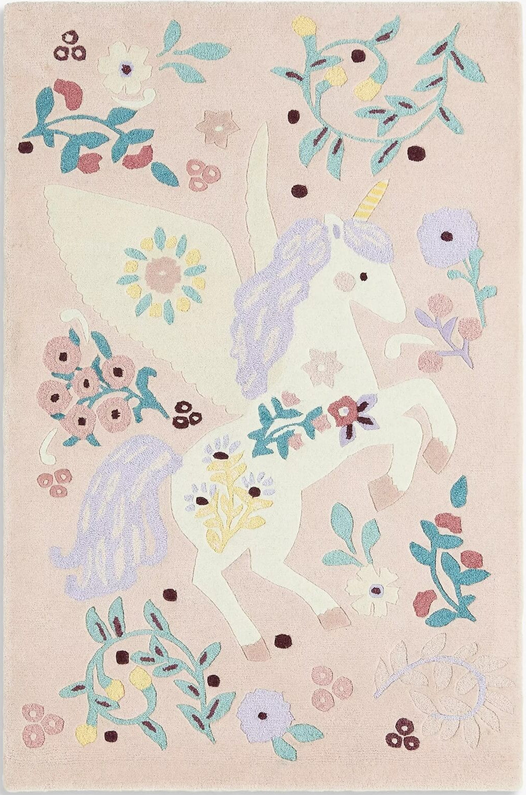 hand tufted kids room rug with unicorn and floral design