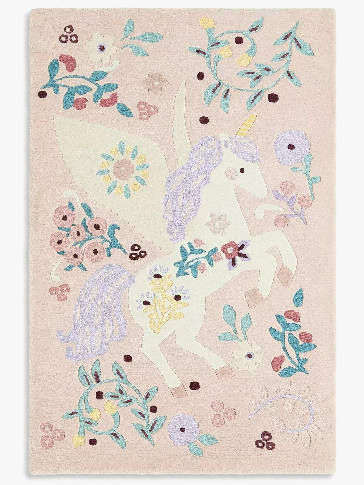 hand tufted kids room rug with unicorn and floral design