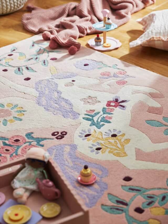hand tufted wool area rug in kids room